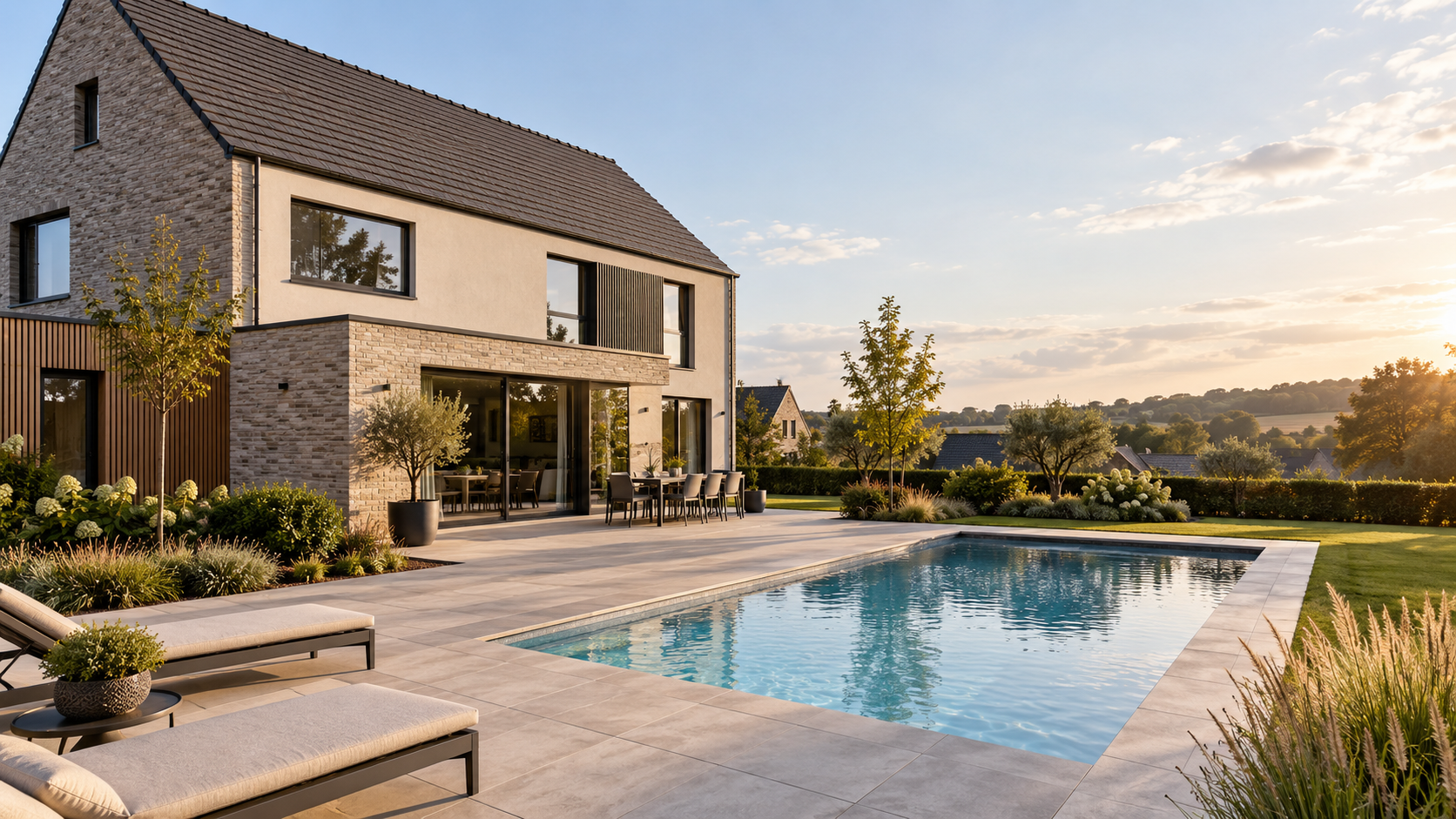 Maison contemporaine avec terrasse aménagée et piscine